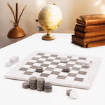 White and oceanic marble checkers set displayed as home decor — 15-inch natural stone board by RADICALn