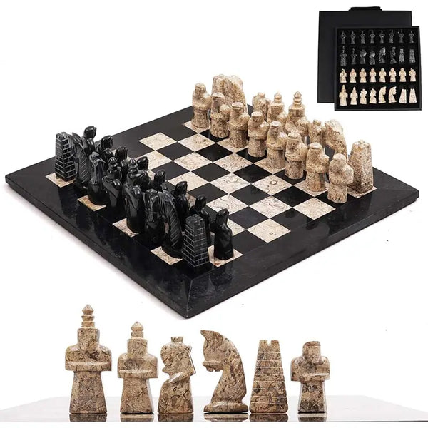 Black and coral antique marble chess set 15 inch — complete set with storage box and medieval figurative pieces lineup by RADICALn