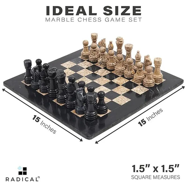 Black and fossil coral marble chess board size guide — 15x15 inch board, individual squares 1.5x1.5 inches by RADICALn
