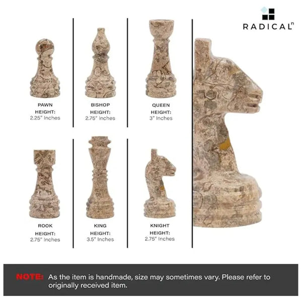 Black and fossil coral marble chess pieces size guide — pawn 2.25 in, bishop 2.75 in, queen 3 in, rook 2.75 in, king 3.5 in, knight 2.75 in by RADICALn