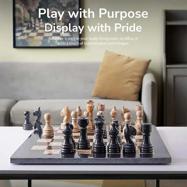 Black and fossil coral marble chess set 12 inch — all 32 handmade natural stone pieces in starting position by RADICALn