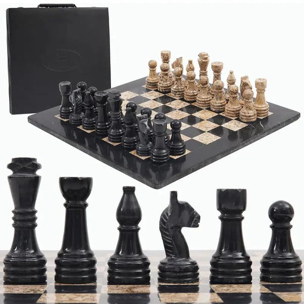 Black and fossil coral marble chess set 15 inch — all 32 handmade natural stone pieces in starting position by RADICALn