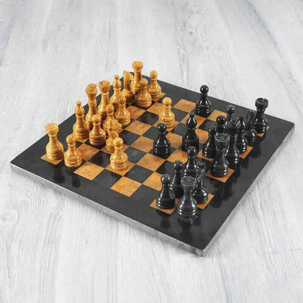 Black and golden marble chess set 15 inch — all 32 handmade natural stone pieces in starting position by RADICALn