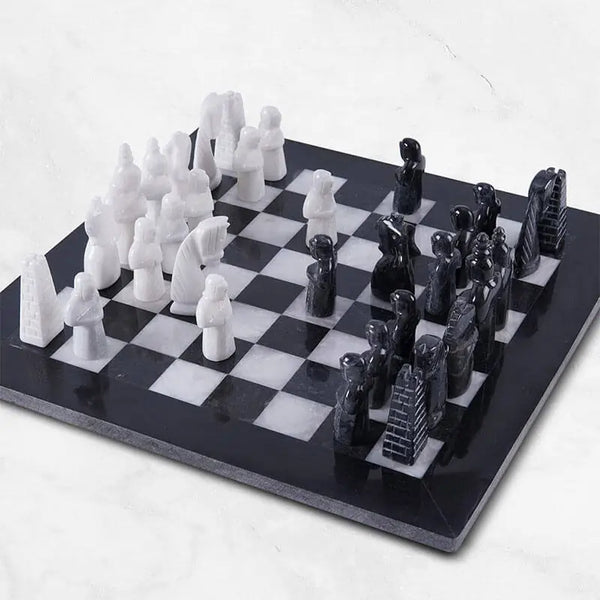 Black and white antique marble chess set 15 inch — all 32 medieval figurative pieces in starting position by RADICALn