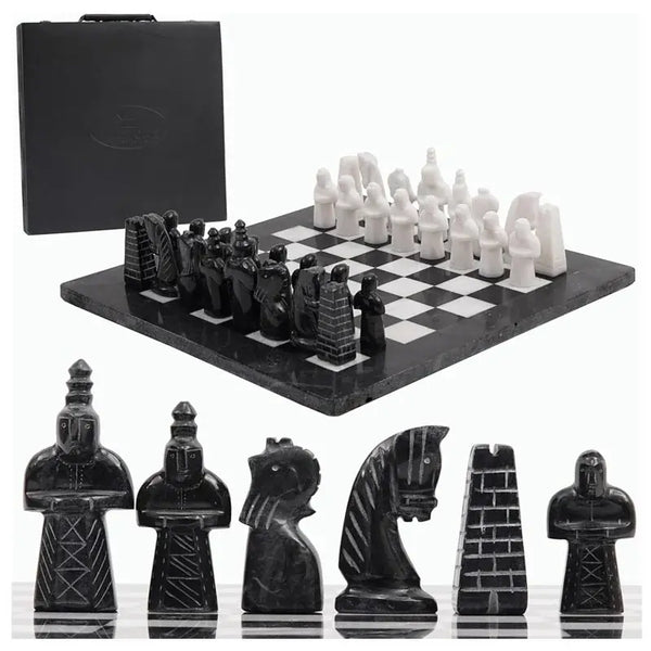 Black and white antique marble chess set 15 inch — complete set with storage box and medieval figurative pieces lineup by RADICALn