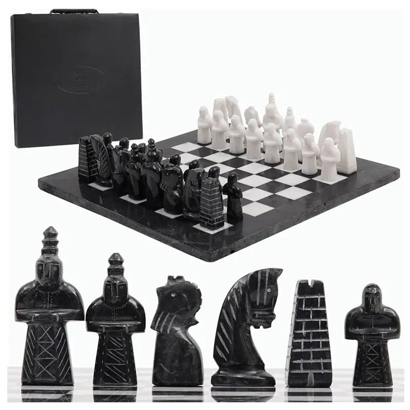 Black and white antique marble chess set 15 inch — complete set with storage box and medieval figurative pieces lineup by RADICALn