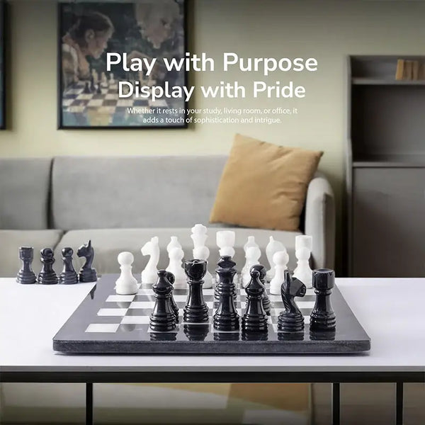 Black and white marble chess set 12 inch — all 32 handmade natural stone pieces in starting position by RADICALn