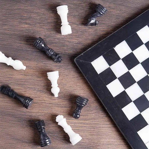 Black & White Marble Chess Set — 12-Inch Handmade Natural Stone