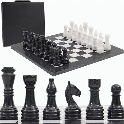 Black & White Marble Chess Set with Storage Box — 15-Inch Handmade