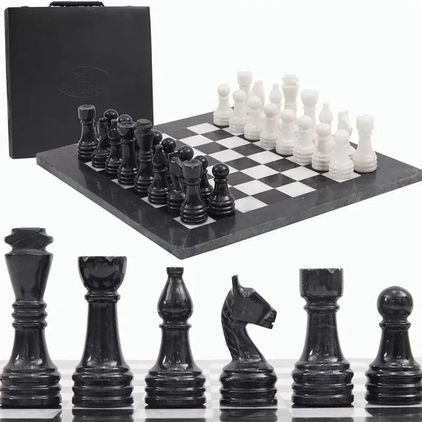 Black and white marble chess set 15 inch — handmade natural stone with storage box by RADICALn