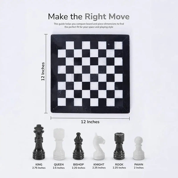 Black and white marble chess set size guide — 12x12 inch board, king 2.75 inches, queen 2.5 inches, pawn 2 inches by RADICALn