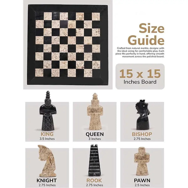 Black and coral antique marble chess set size guide — 15x15 inch board, king 3.5 inches, queen 3 inches, pawn 2.5 inches by RADICALn