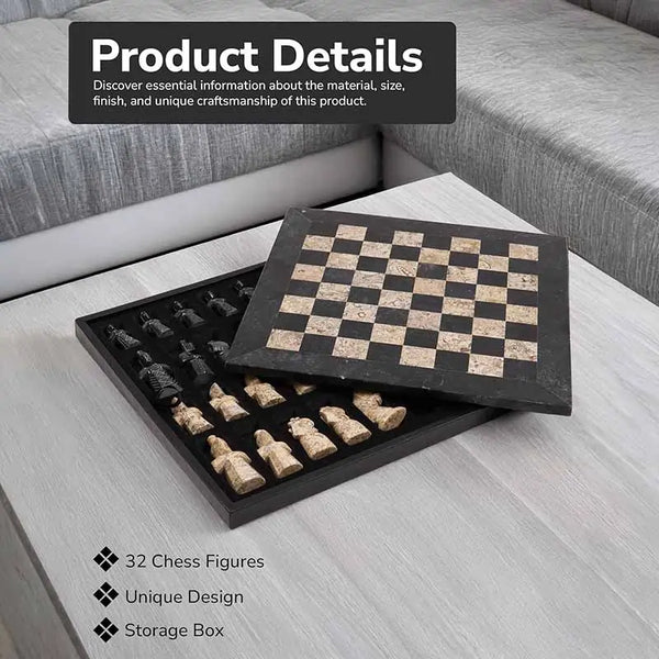 Black and coral antique marble chess set storage box — board lifted showing 32 medieval figurative pieces in fitted compartments by RADICALn