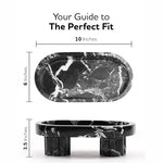 Black footed marble bowl size guide: 10 inches long, 6 wide, 3.5 tall