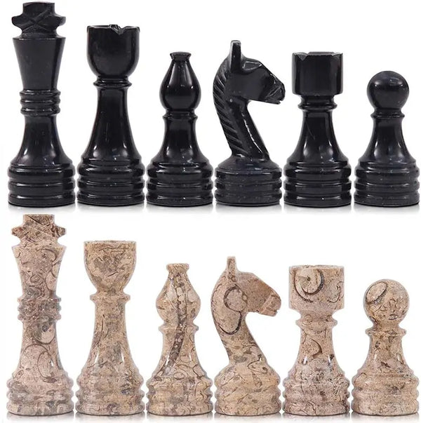 Black and fossil coral marble chess pieces lineup — king queen bishop knight rook pawn by RADICALn