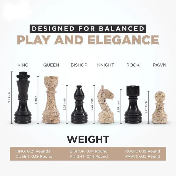 Black and fossil coral marble chess pieces size guide — king 3.5 inches, queen 3 inches, weights by piece by RADICALn