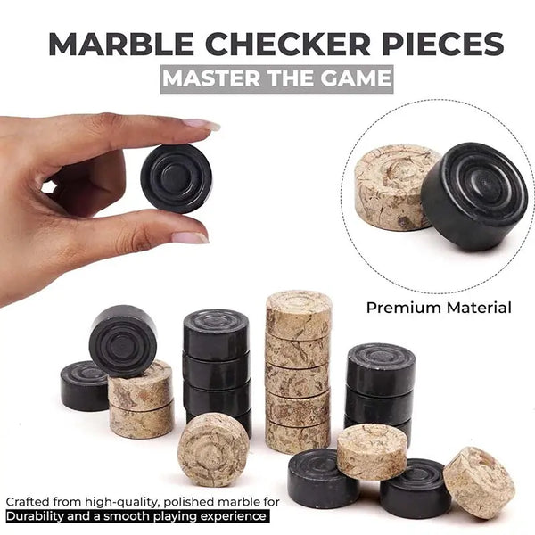 Black and fossil coral marble checker pieces close-up — hand holding black marble disc showing concentric ring detail, stacked discs by RADICALn