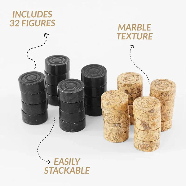 Black and fossil coral marble checkers pieces — 32 stackable natural marble discs by RADICALn