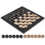 Black and fossil coral marble checkers set 15 inch — all 32 natural stone discs in starting position on black dominant board by RADICALn