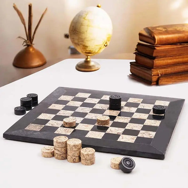 Black and fossil coral marble checkers set displayed as home decor — 15-inch natural stone board by RADICALn