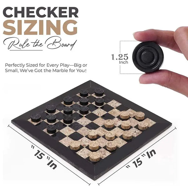 Black and fossil coral marble checkers set size guide — 15x15 inch board with 1.25 inch diameter disc measurement by RADICALn