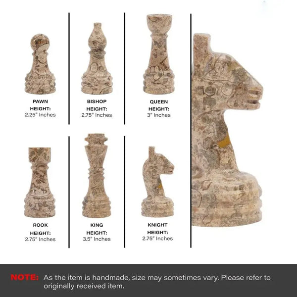 Black and fossil coral marble chess pieces size guide — pawn 2.25 in, bishop 2.75 in, queen 3 in, rook 2.75 in, king 3.5 in, knight 2.75 in by RADICALn