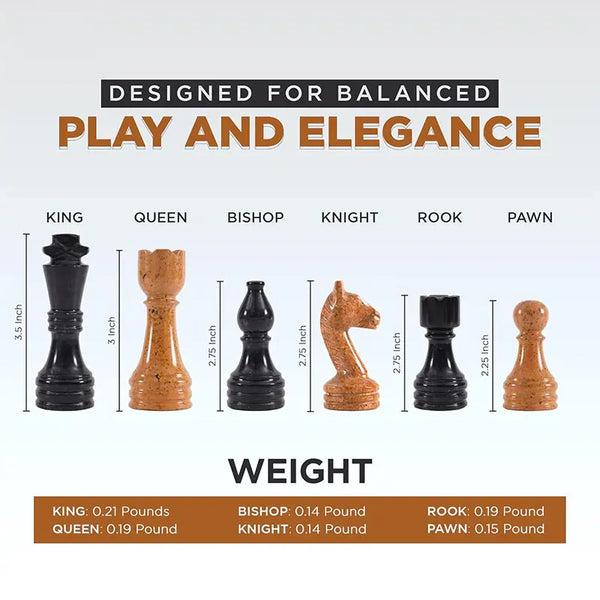 Black marble and golden marble chess pieces size guide — king 3.5 inches, queen 3 inches, weights by piece by RADICALn