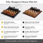 Black & Golden Marble Chess Set compared with a wooden chess set, showing real marble, 15 inch size and premium gift look