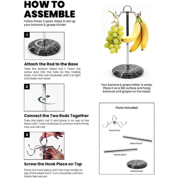 How to assemble a marble banana holder in three steps, with black base, two metal rods and multi-hook head shown