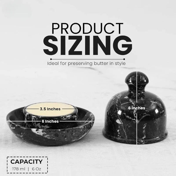 Black marble butter dish set dimensions: 6 inch base, 5 inch dome lid and 6 oz capacity, shown with spreader knife