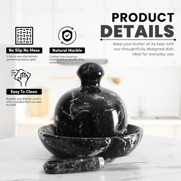 Black marble butter dish with knife showing natural stone finish, non-slip base and easy-clean polished surface