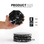 Black octagon marble coaster held in hand, 3.5 inches wide and 0.5 inches thick