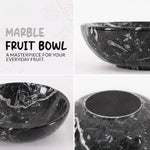 Black marble fruit bowl shown from the side, from above and underneath, showing the veined stone and finished base