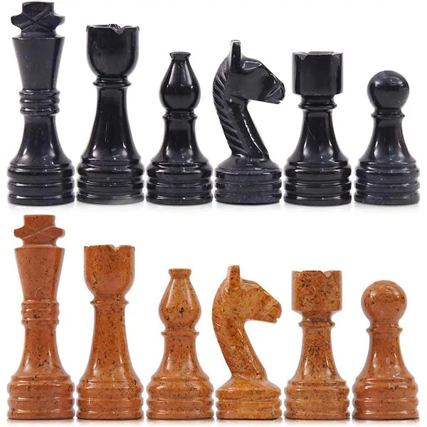 Black marble and golden marble chess pieces lineup — king queen bishop knight rook pawn by RADICALn