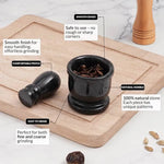 Black marble mortar and pestle features: smooth edges, comfortable pestle and natural stone with unique veining