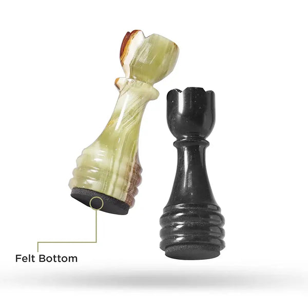 Black marble and multi green onyx chess pieces felt bottom detail — knight and rook comparison by RADICALn