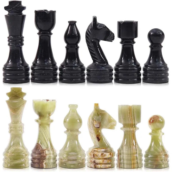 Black marble and multi green onyx chess pieces lineup — king queen bishop knight rook pawn by RADICALn 