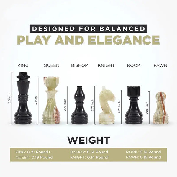 Black marble and multi green onyx chess pieces size guide — king 3.5 inches, queen 3 inches, weights by piece by RADICALn