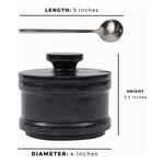 Black marble salt cellar with lid and 5 inch stainless steel spoon, 4 inches in diameter and 3.5 inches tall