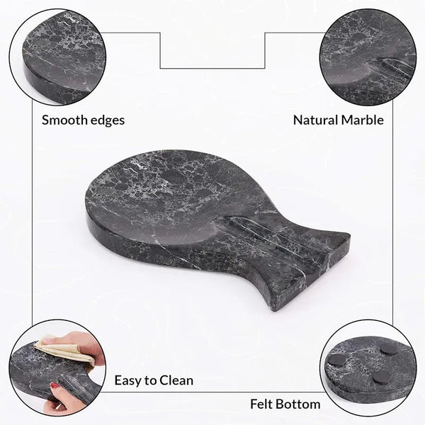 Black marble spoon rest details: smooth edges, natural marble and felt bottom