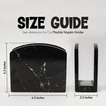 Black marble napkin holder size guide: 6.5 inches wide, 5.5 tall, 2.5 deep