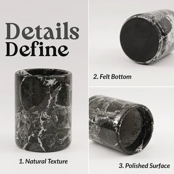 Black marble utensil holder details: natural texture, felt bottom and polished surface