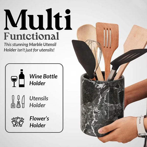 Multi-functional black marble utensil holder shown as a wine bottle, utensil and flower holder