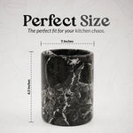 Black marble utensil holder size guide showing 5 inch width and 6.5 inch height