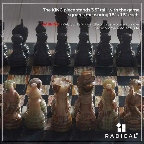 Black and multi green onyx marble chess set — king 3.5 inches, 1.5 inch board squares, piece detail by RADICALn