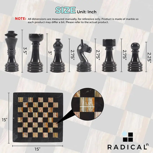 Black and multi green onyx marble chess set size guide — 15x15 inch board, king 3.5 inches, rook 2.75 inches by RADICALn