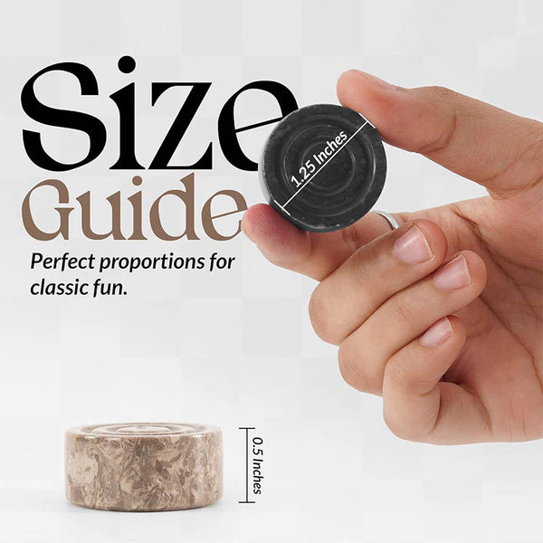 Black and oceanic marble checkers pieces size guide — 1.25 inch diameter, 0.5 inch height by RADICALn