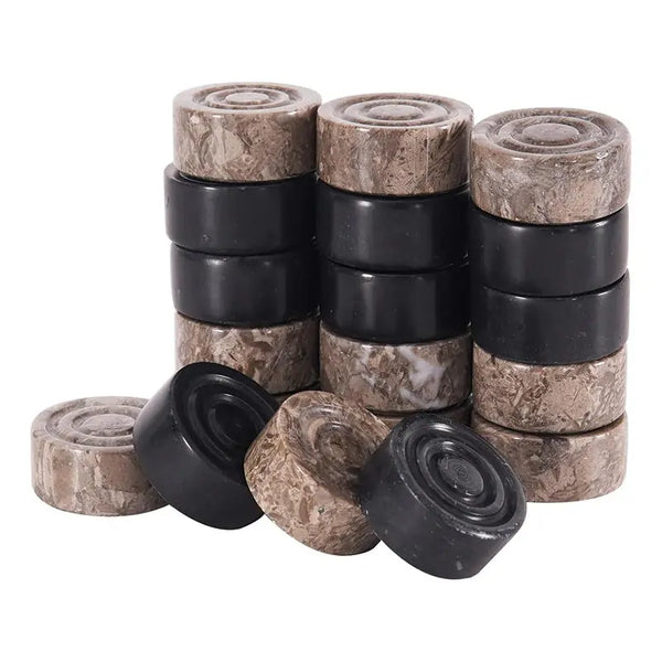 Black and oceanic marble checkers pieces stacked — showing stackable natural stone disc construction by RADICALn