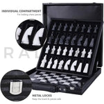 Black and white antique marble chess set storage box — medieval figurative pieces secured by RADICALn