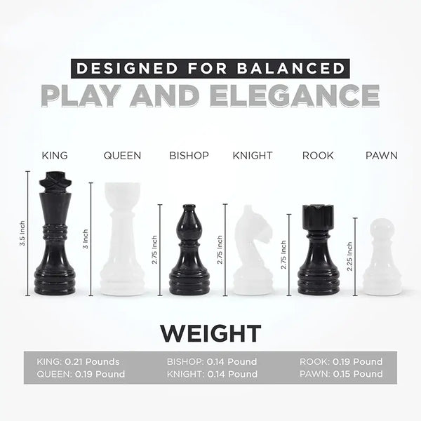 Black and white chess pieces size guide — king 3.5 inches, queen 3 inches, weights by piece by RADICALn